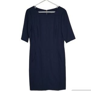 Tahari Navy Blue Short Sleeve Sheath Dress w/ Pockets Size 8 Gold Zipper